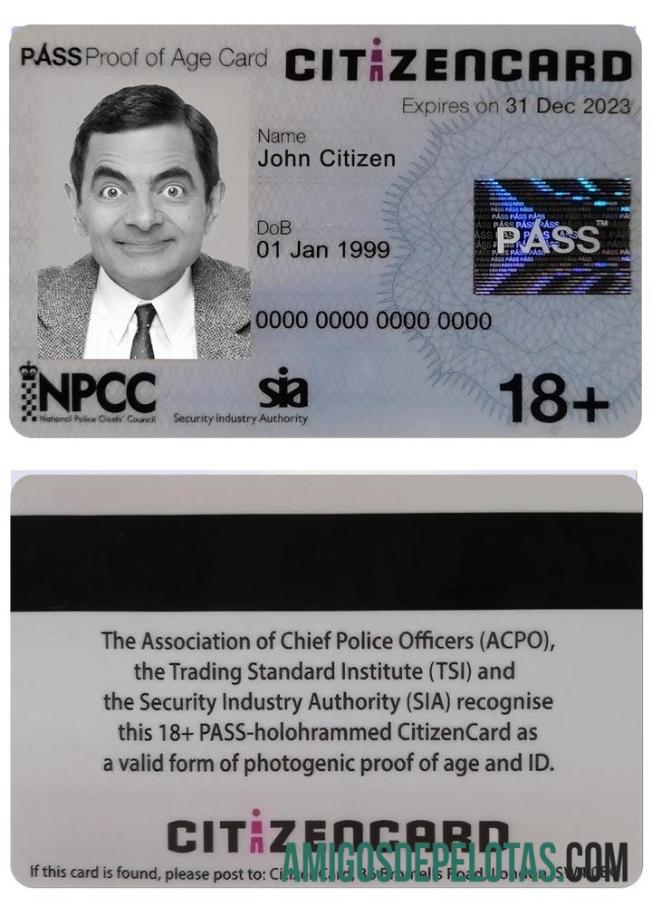 United Kingdom Pass CitizenCard (cartão comprovante de idade) exemplo real